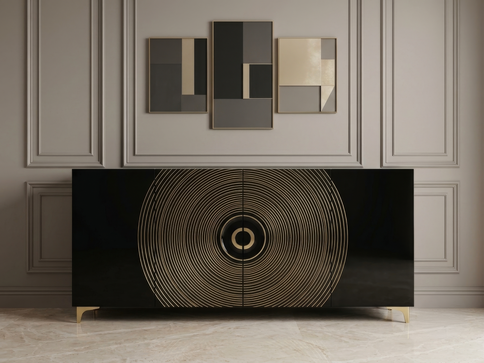 Side Board In Black And Gold Color 