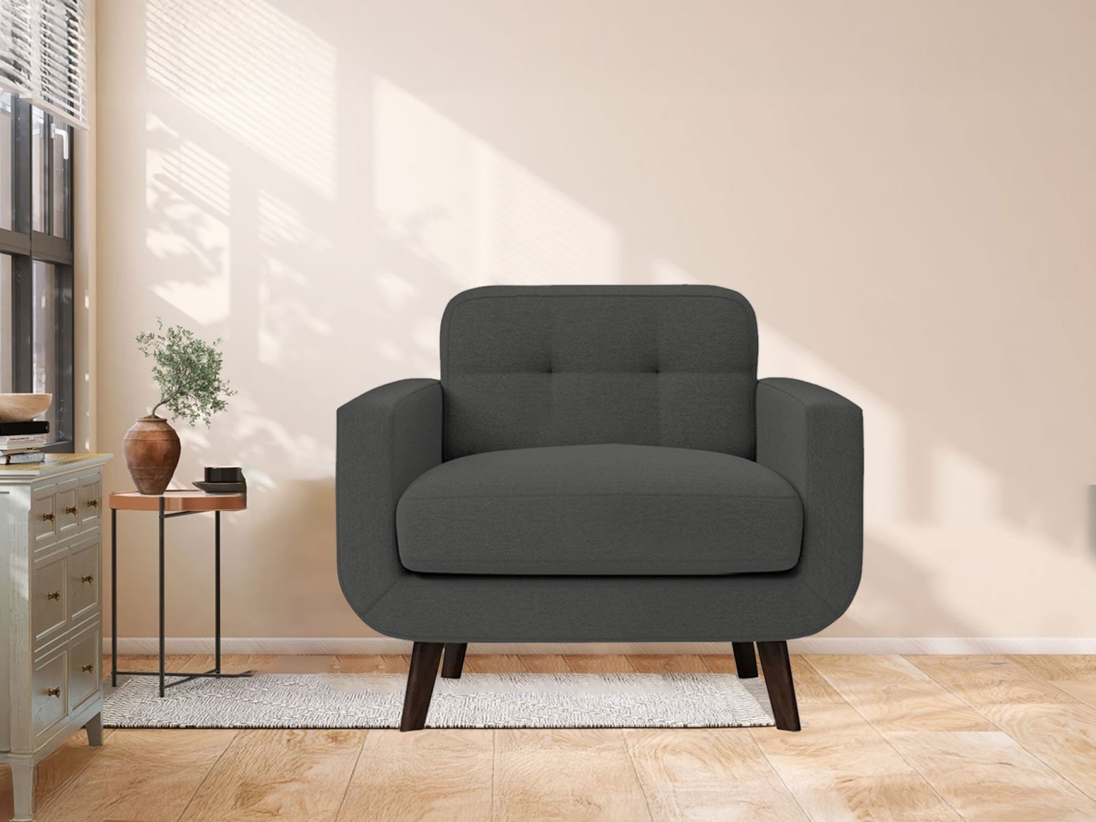 Boho Sofa 1 Seater In Charcoal Grey Color 