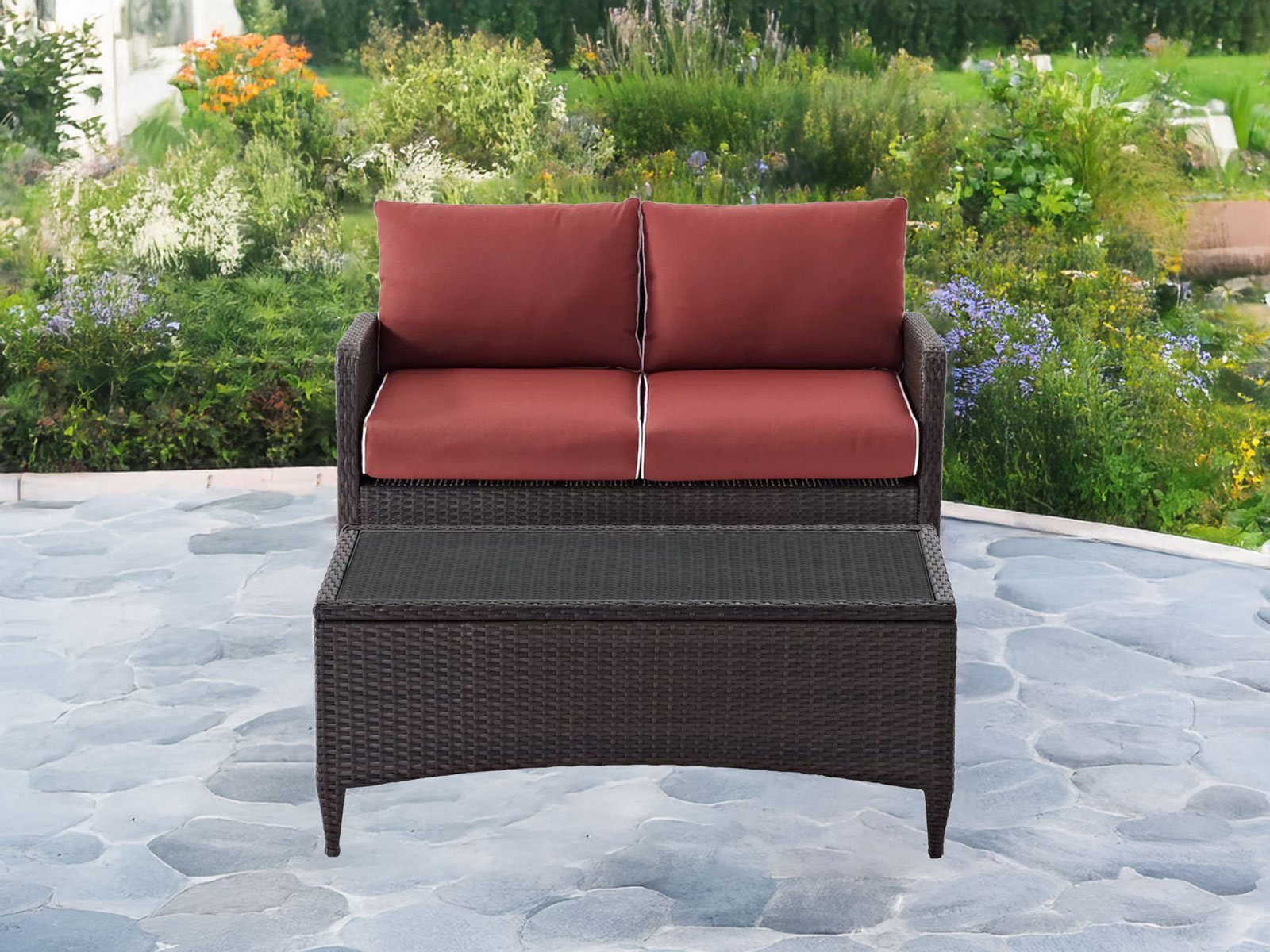  Parker Outdoor 2 Seater  Dark Brown & Red