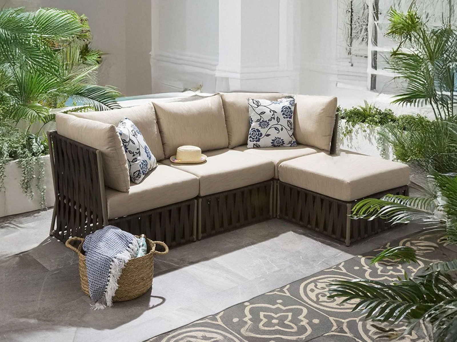 Livia Outdoor Sofa Set 3 Seater & 1 Ottoman Set In Brown Colour
