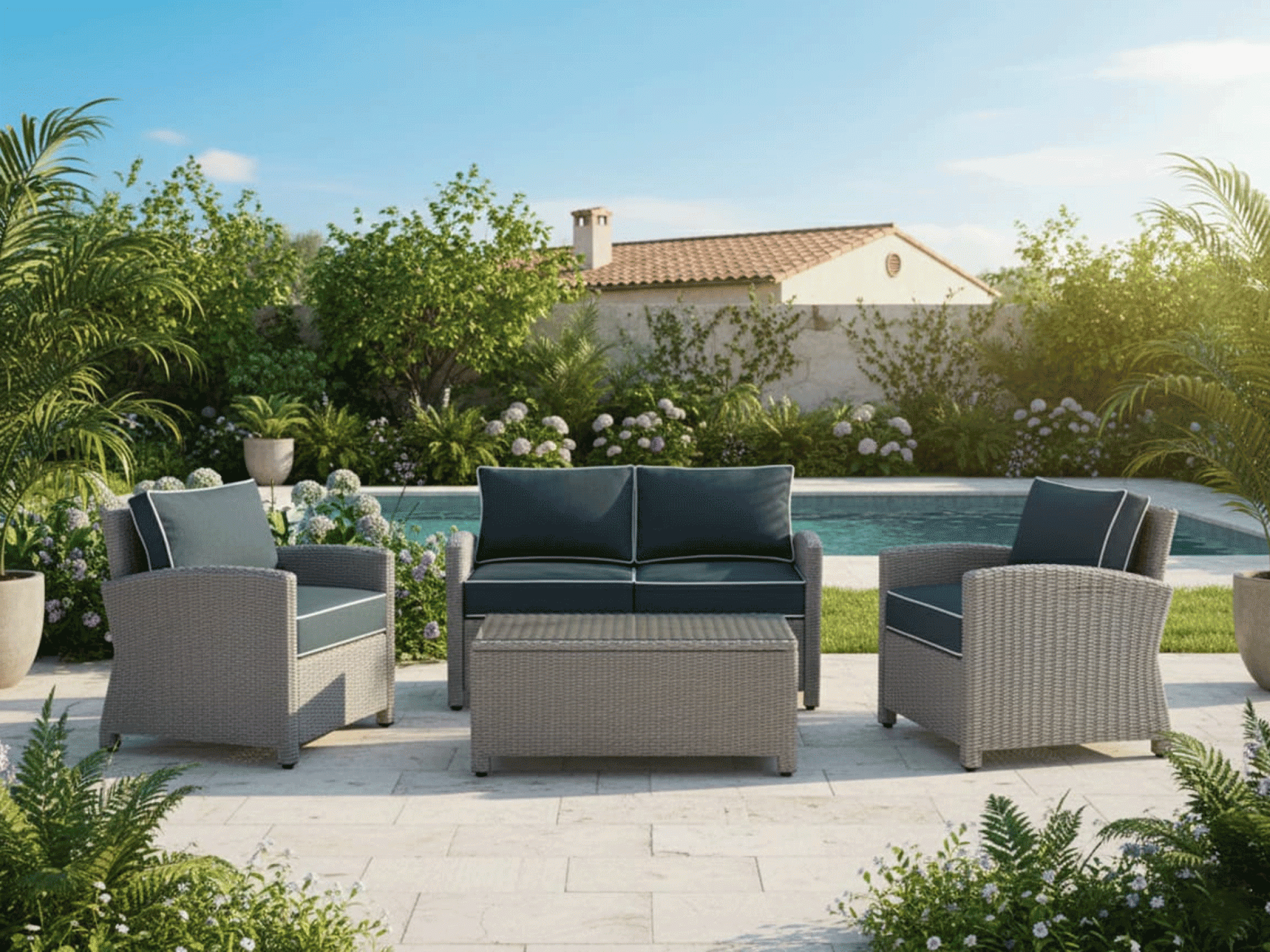 Orton Outdoor Set 2 Seater 2 Single Seater & 1 Center Table Set In Blue Colour