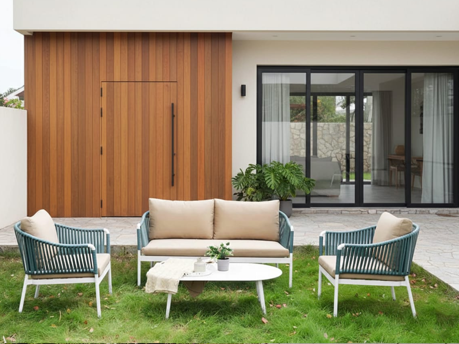 Luce Outdoor Set 2 Seater 2 Single Seater & 1 Center Table Set In White & Blue Colour