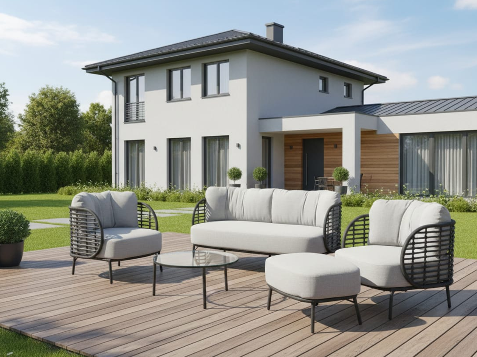 Micah Outdoor Set 3 Seater 2 Single Seater With Ottoman & 1 Center Table Set In Dark Grey Colour