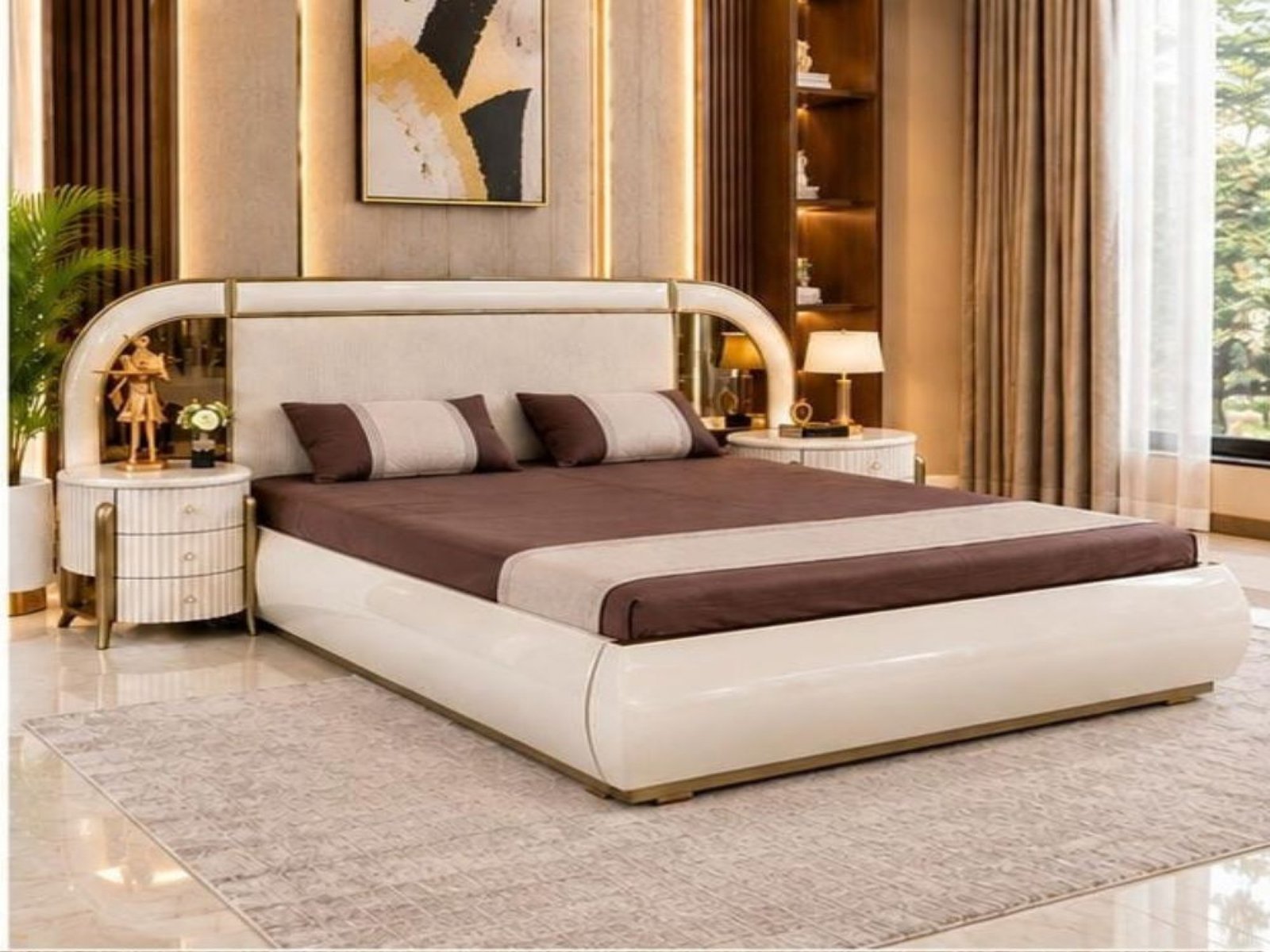Glass Bed With Side Table 